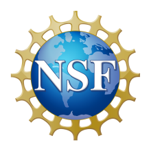 National Science Foundation (NSF) logo, featuring a blue globe with white continents, overlaid with the letters 'NSF' in white, surrounded by a gold gear-like border