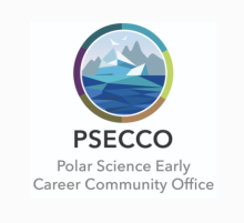 Logo of PSECCO (Polar Science Early Career Community Office), featuring an illustration of ocean waves with icebergs and mountains inside a circular frame, surrounded by a multicolored ring. Text below reads 'PSECCO Polar Science Early Career Community Office