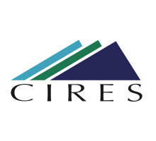 Logo of CIRES featuring three geometric shapes: a light blue diagonal bar, a green diagonal bar, and a dark blue triangle resembling a mountain. Below the shapes, the acronym 'CIRES' is written in bold, stylized black letters