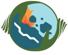 Illustration of Earth held by green hands, showing fire, rocks, and water to symbolize natural disasters and climate change
