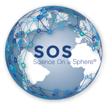Logo of Science On a Sphere (SOS), showing a globe with network-like blue lines and nodes overlaid. The letters 'SOS' are centered with the tagline 'Science On a Sphere™' below