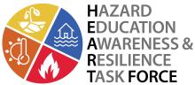 A circular logo cut into fourths with a fire symbol in red, a sun thermometer symbol in orange, a plant in yellow, and a house flooded in blue. The words, "Hazard Education Awareness & Resilience Task Force" are to the right of the circle.