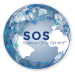 Logo of Science On a Sphere (SOS), showing a globe with network-like blue lines and nodes overlaid. The letters 'SOS' are centered with the tagline 'Science On a Sphere™' below 