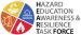 A circular logo cut into fourths with a fire symbol in red, a sun thermometer symbol in orange, a plant in yellow, and a house flooded in blue. The words, "Hazard Education Awareness & Resilience Task Force" are to the right of the circle.