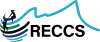 Logo for the Research Experience for Community College Students (RECCS) program. The design features a stylized blue mountain range above the acronym 'RECCS' in bold black letters. To the left, a globe-like swirl of green, blue, and dark blue arcs encircles a silhouette of a person climbing a ladder, symbolizing growth and global impact 