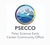 Logo of PSECCO (Polar Science Early Career Community Office), featuring an illustration of ocean waves with icebergs and mountains inside a circular frame, surrounded by a multicolored ring. Text below reads 'PSECCO Polar Science Early Career Community Office 