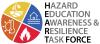 A circular logo cut into fourths with a fire symbol in red, a sun thermometer symbol in orange, a plant in yellow, and a house flooded in blue. The words, "Hazard Education Awareness & Resilience Task Force" are to the right of the circle. 